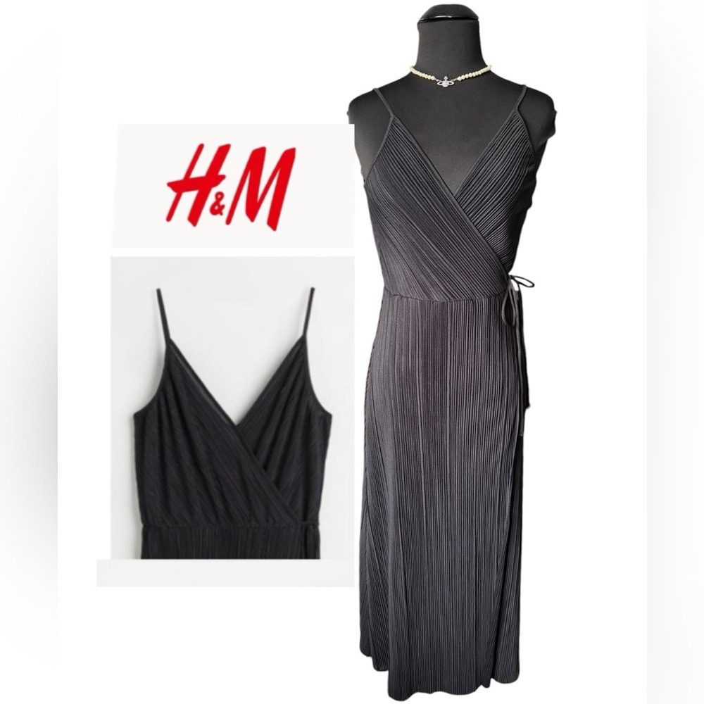 H&M Black pleated dress with tie waist